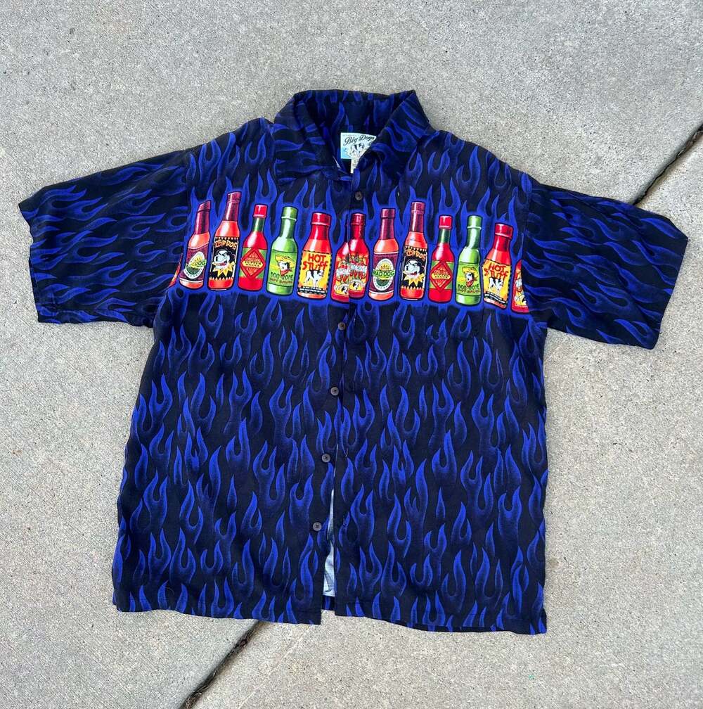 Vintage Big Dogs Hot Sauce Blue Flames Rayon Button Up Shirt
